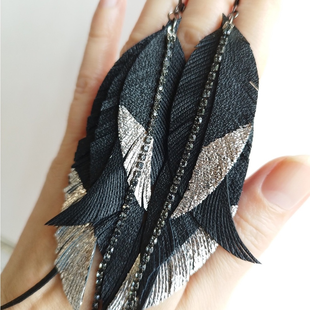 Black and Silver Feather Earrings